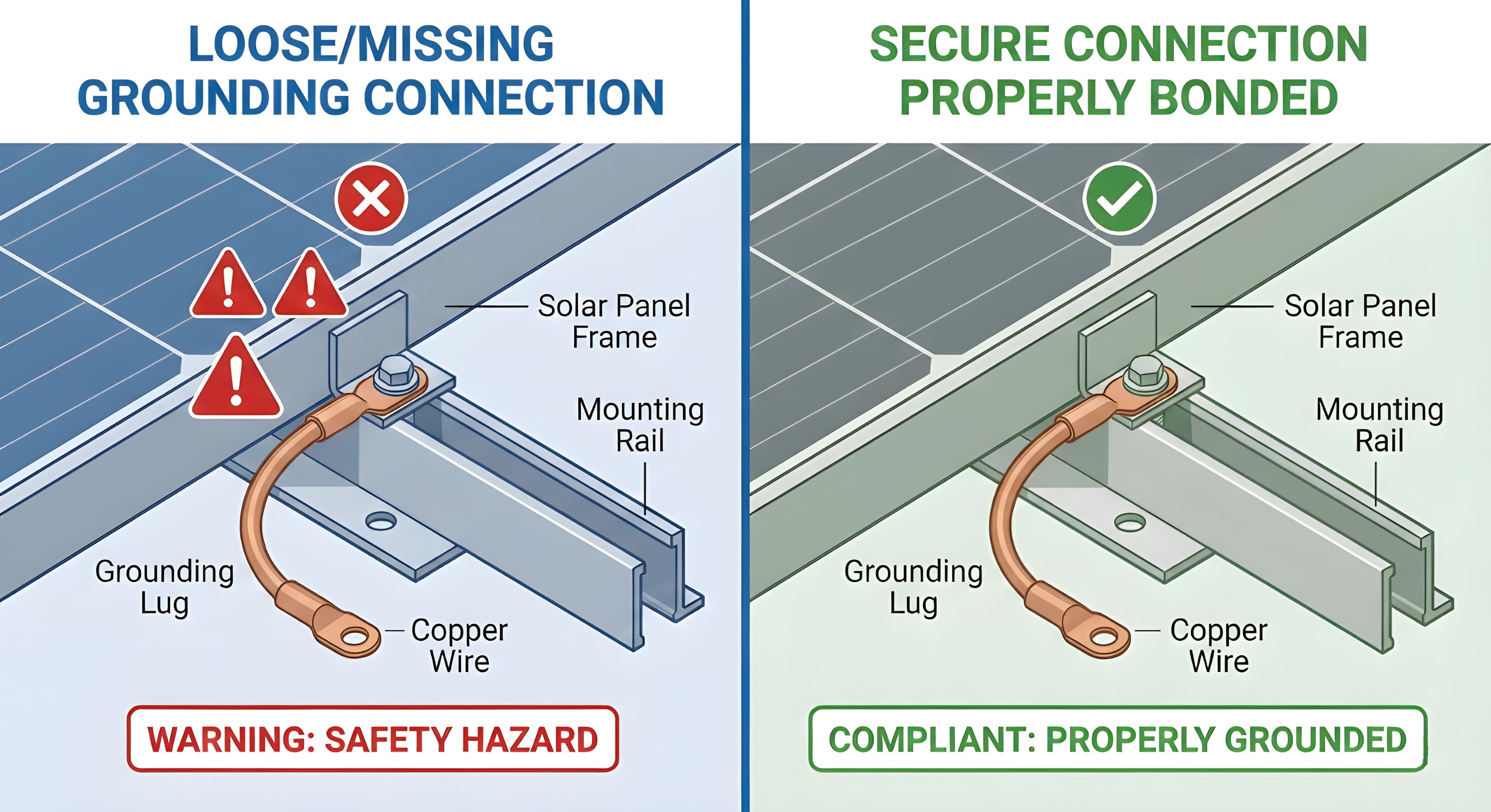 Diagram shows solar panel grounding compliance and hazards