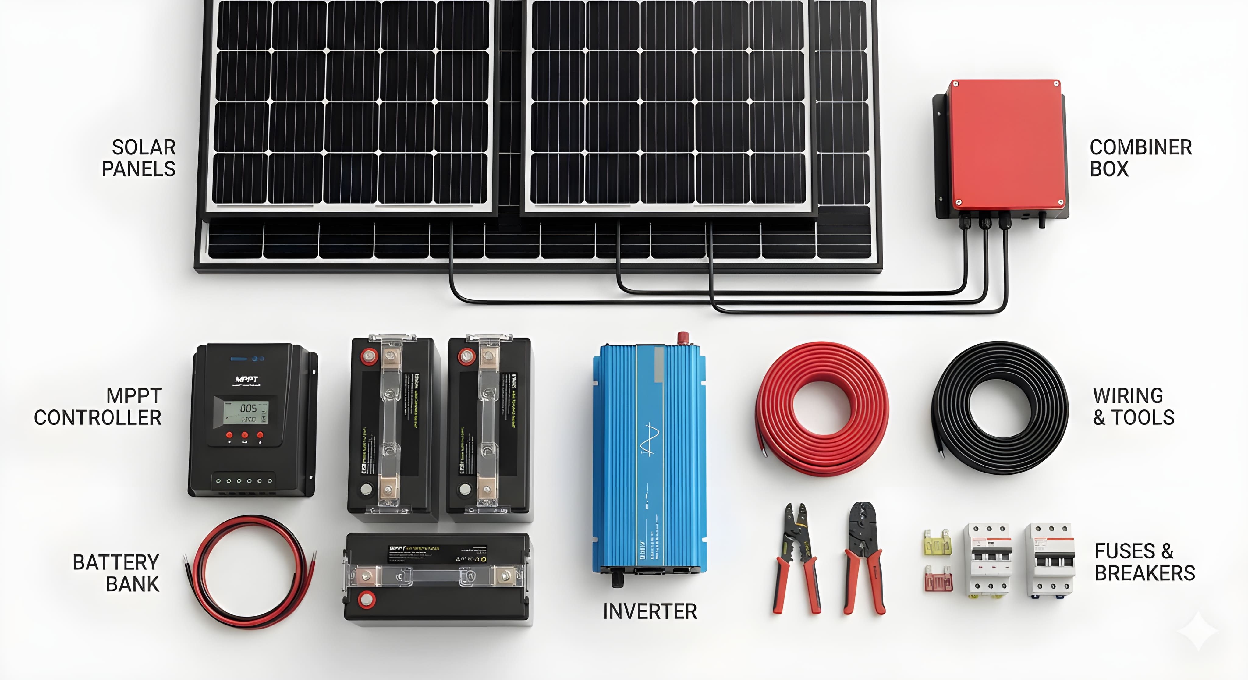 Solar components panels, inverter, battery, and controller