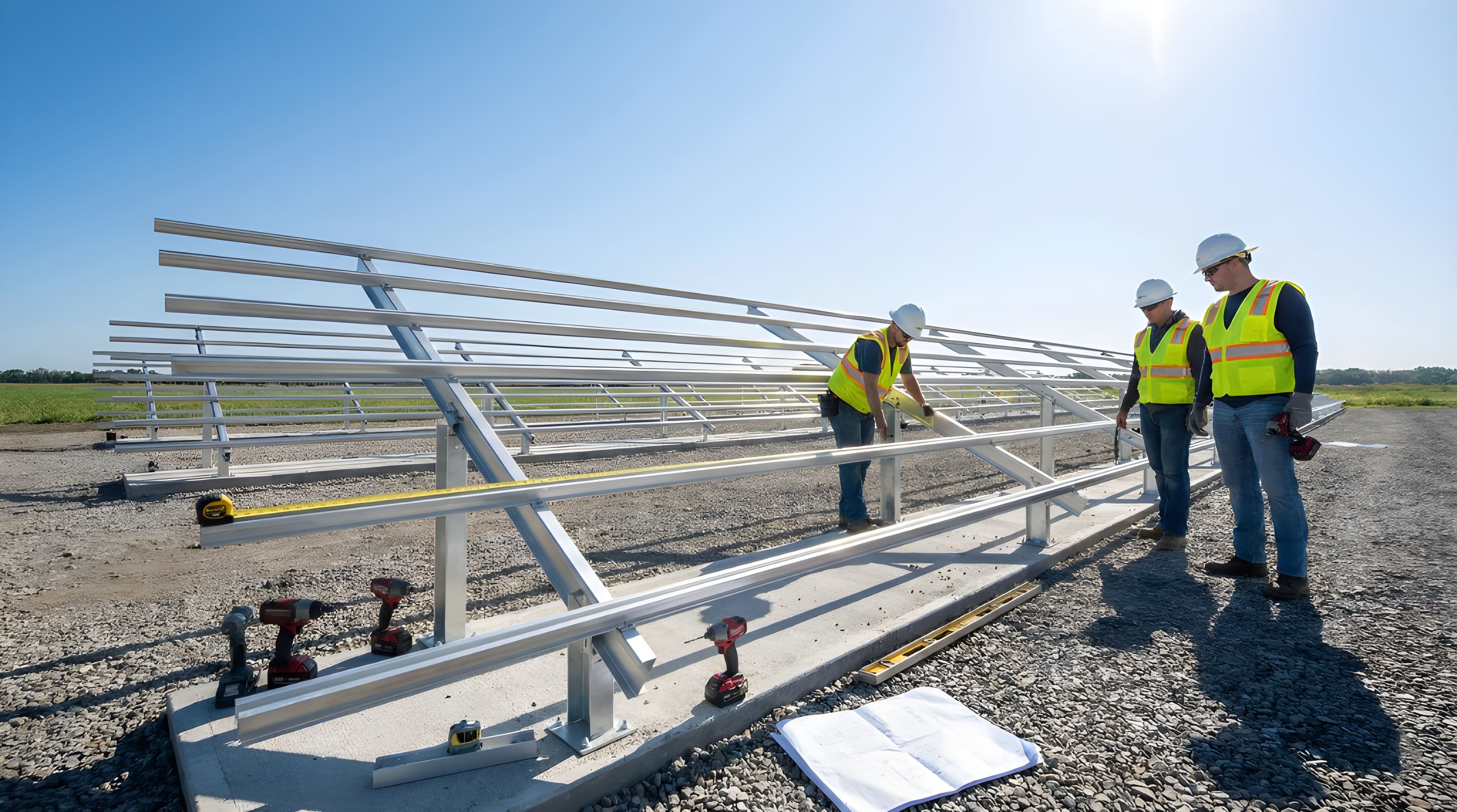 Workers build aluminum racking for ground-mount solar array
