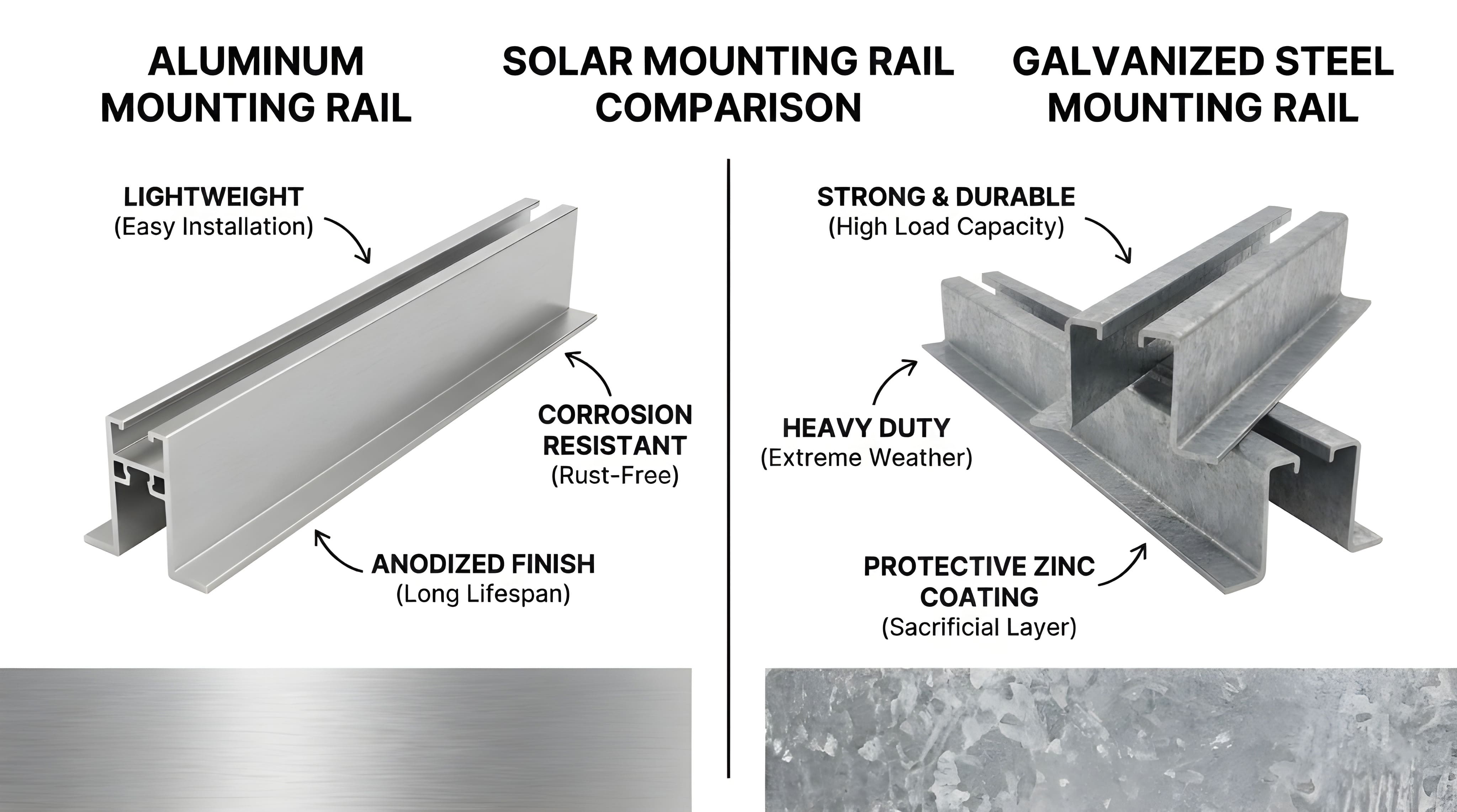 Comparison of aluminum and galvanized steel solar rails