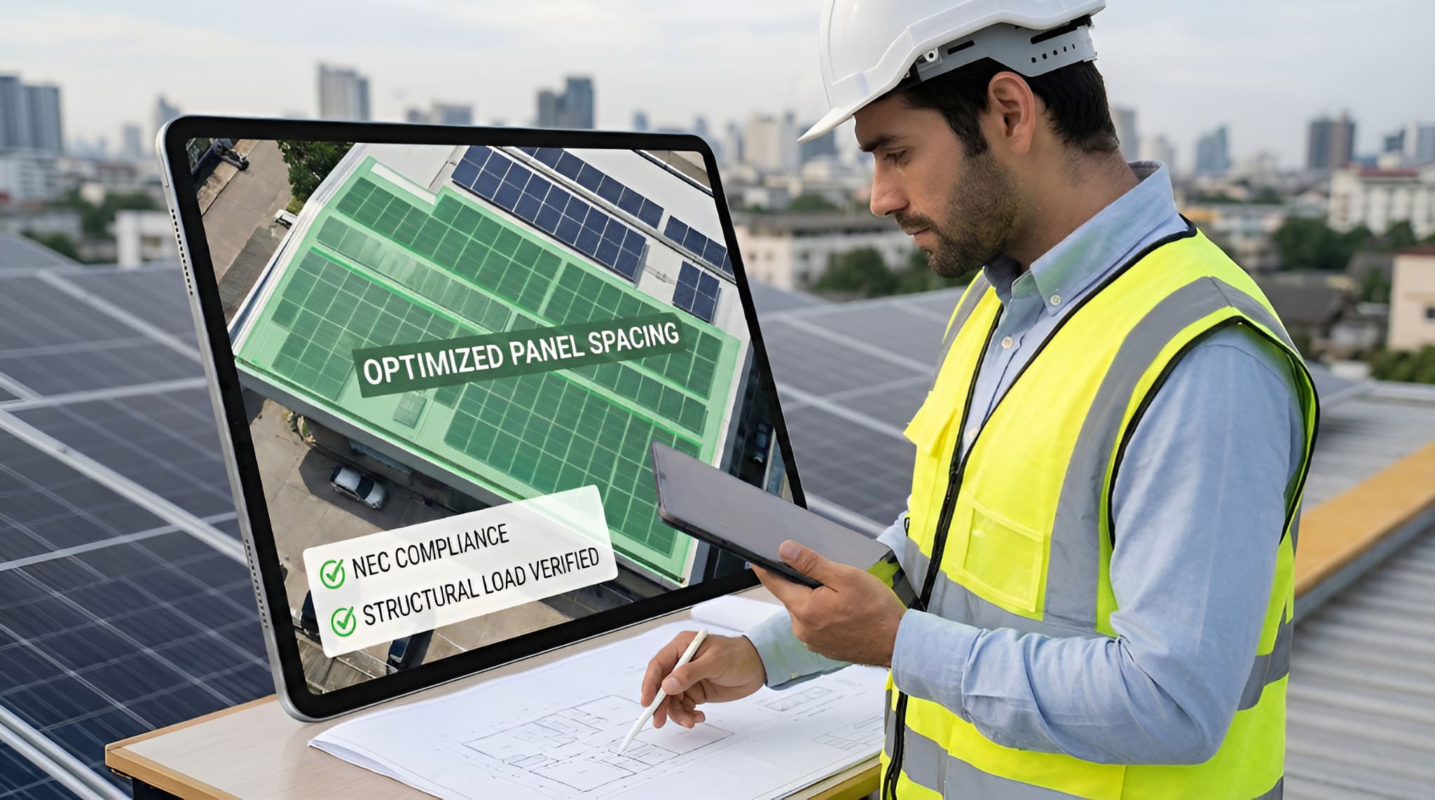 Engineer verifies optimized solar panel spacing on tablet