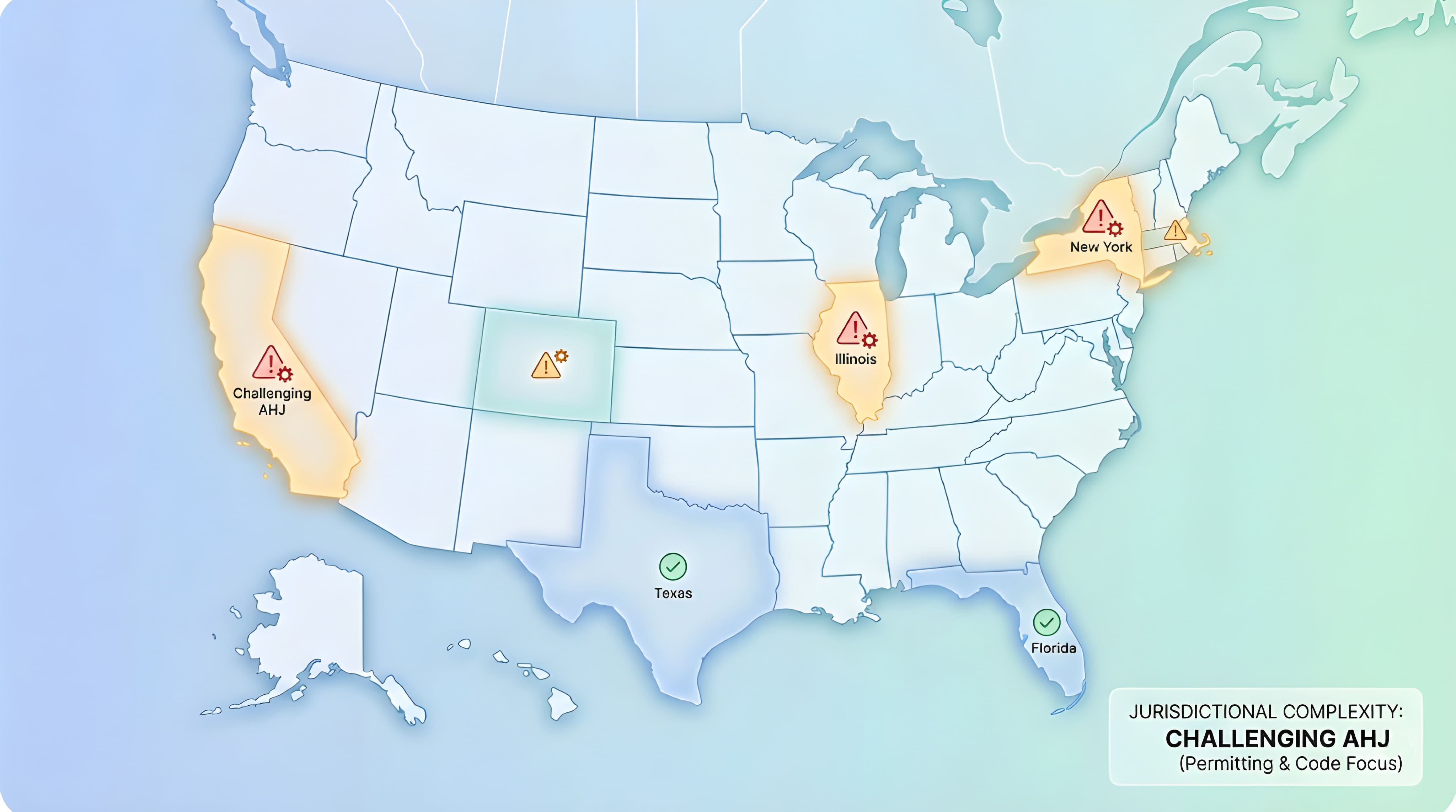 Map shows challenging solar permitting states (AHJ)