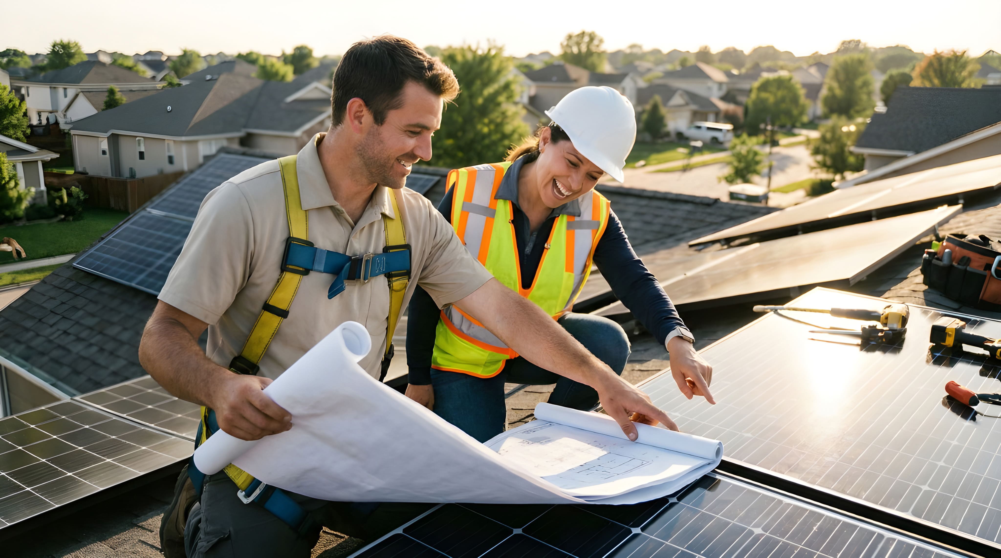 Solar installers review blueprint on a rooftop array