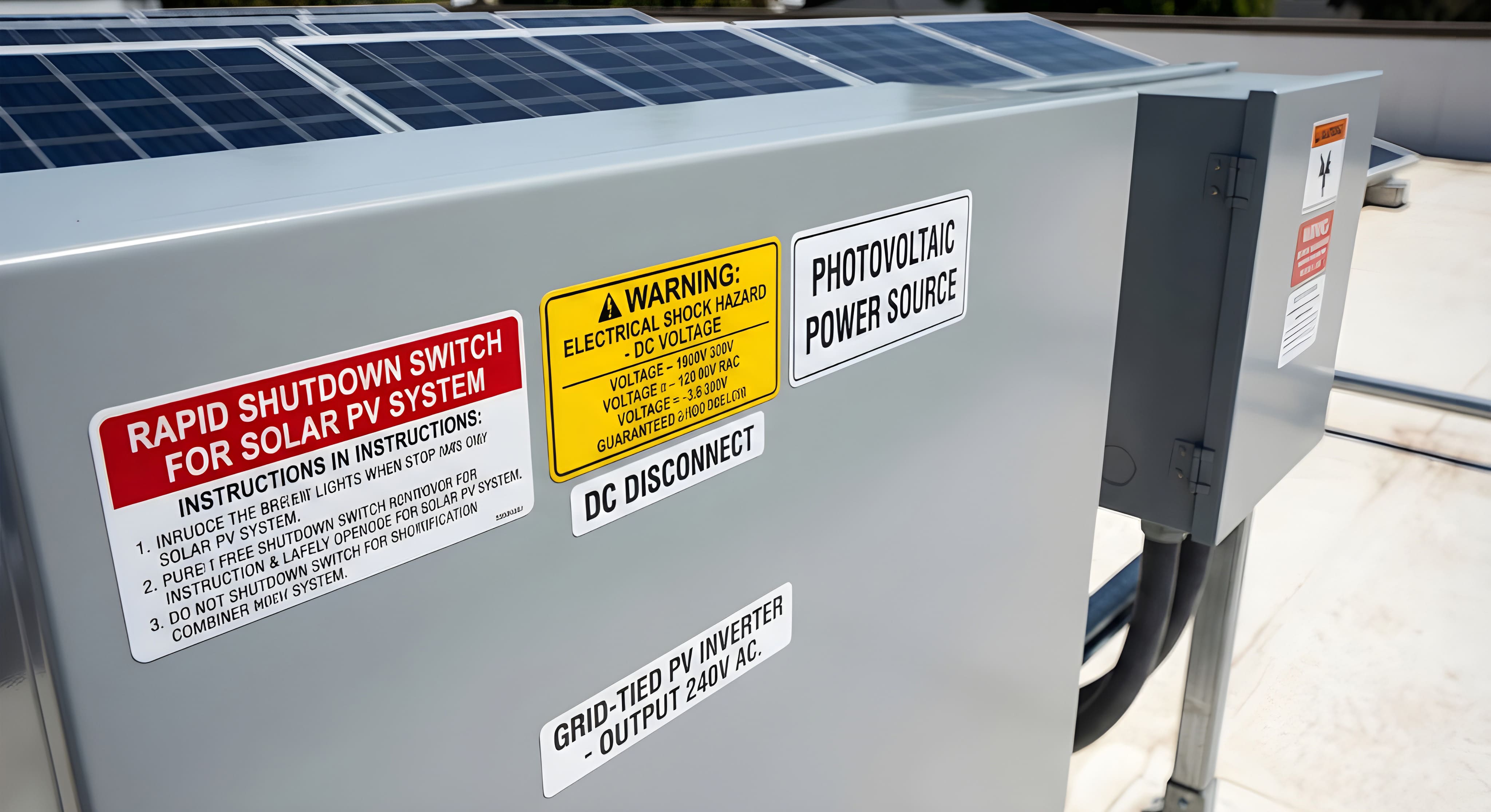 Rapid shutdown switch box with safety warnings