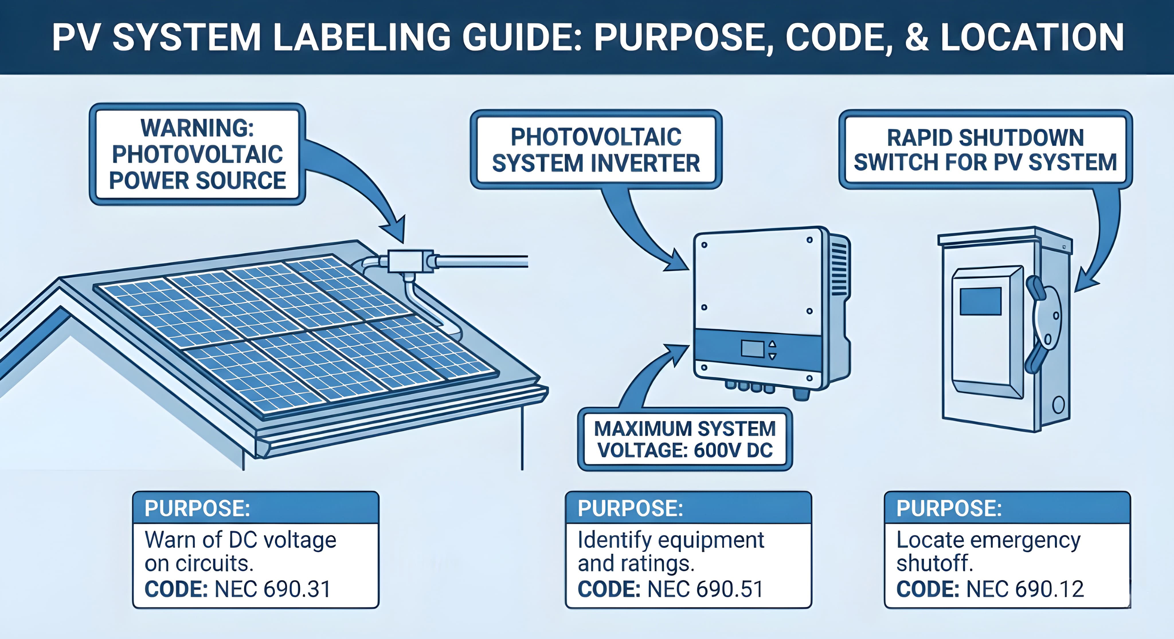 Labeling ensures safety per NEC 690.12 and 690.31