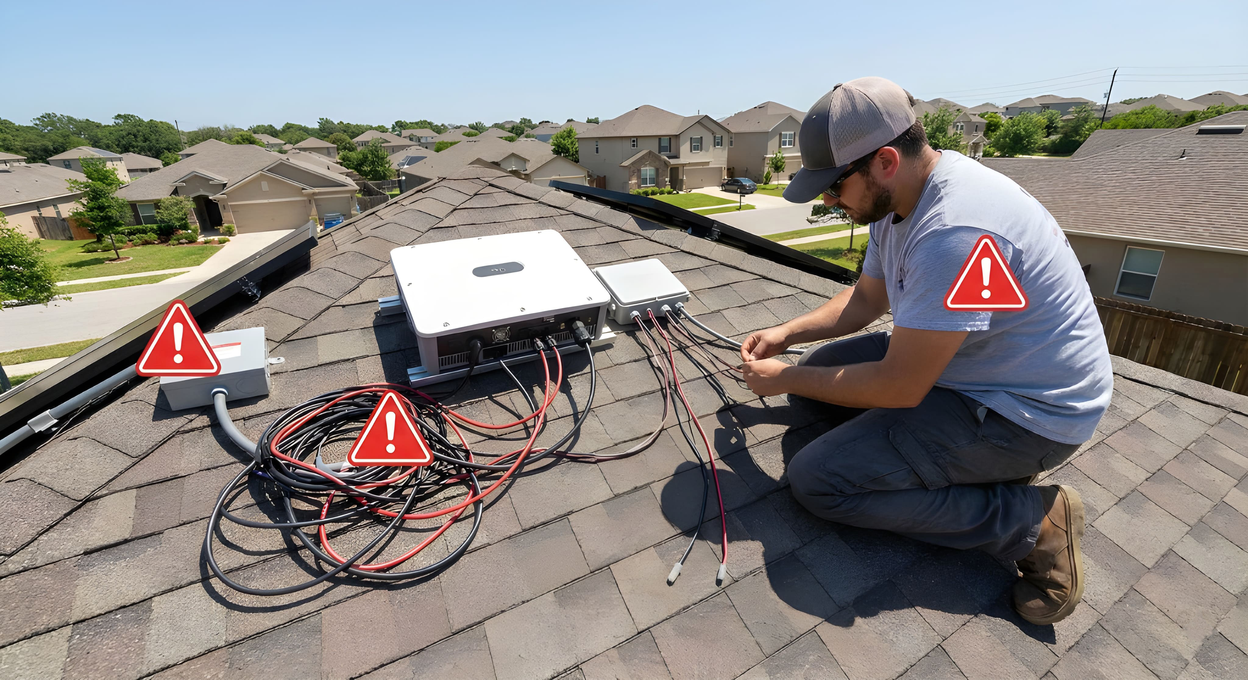Installer works amidst tangled, unmanaged solar wiring