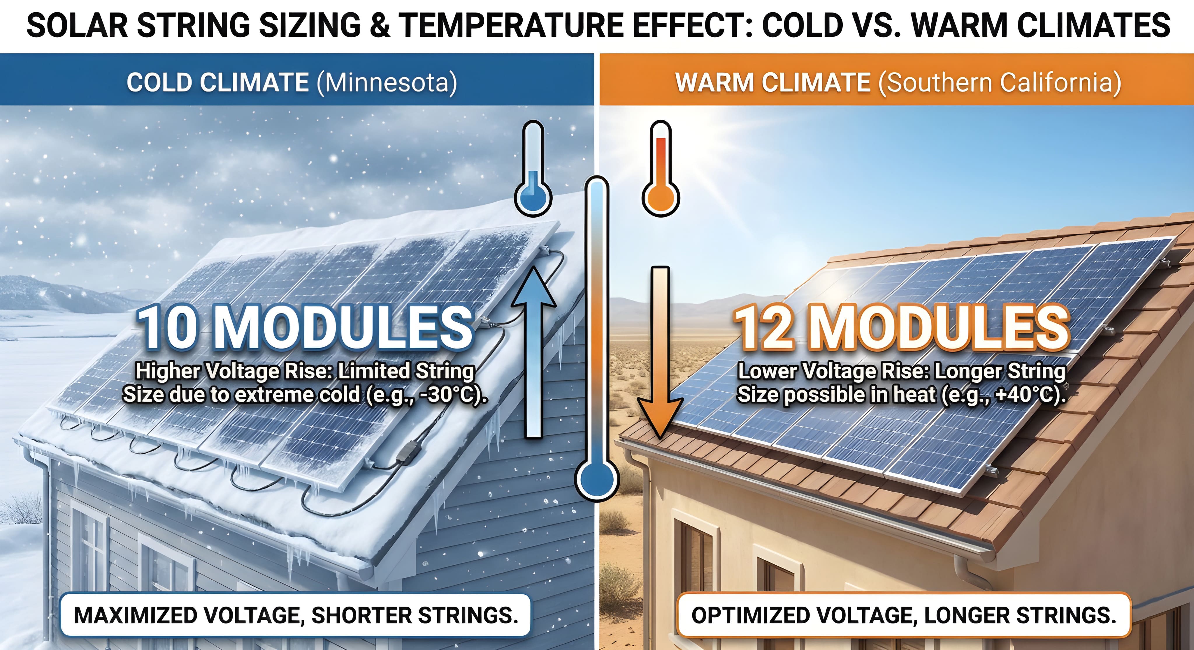 Solar string sizing varies for cold versus warm climate