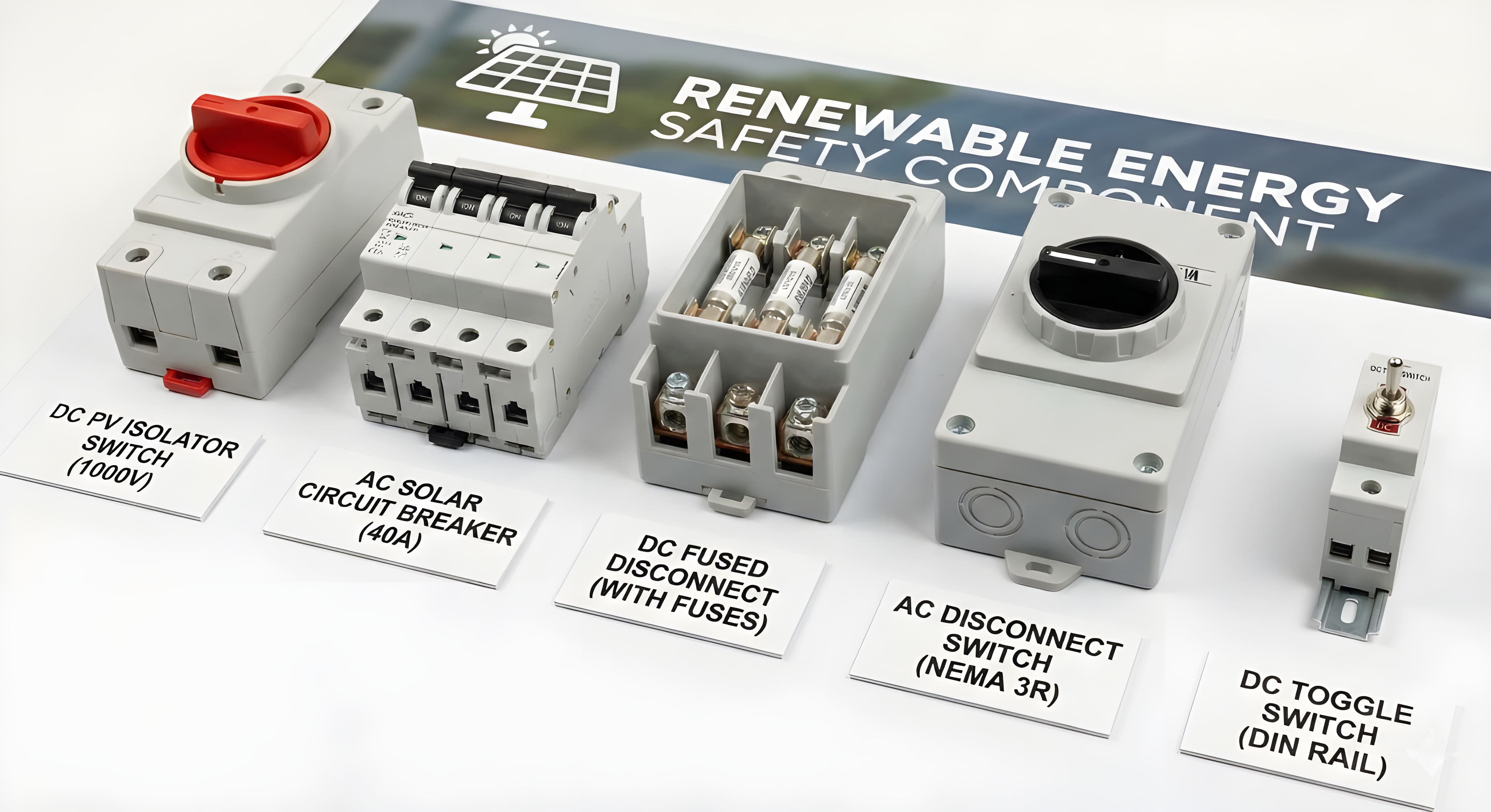 Renewable energy safety components isolator, breaker, disconnects