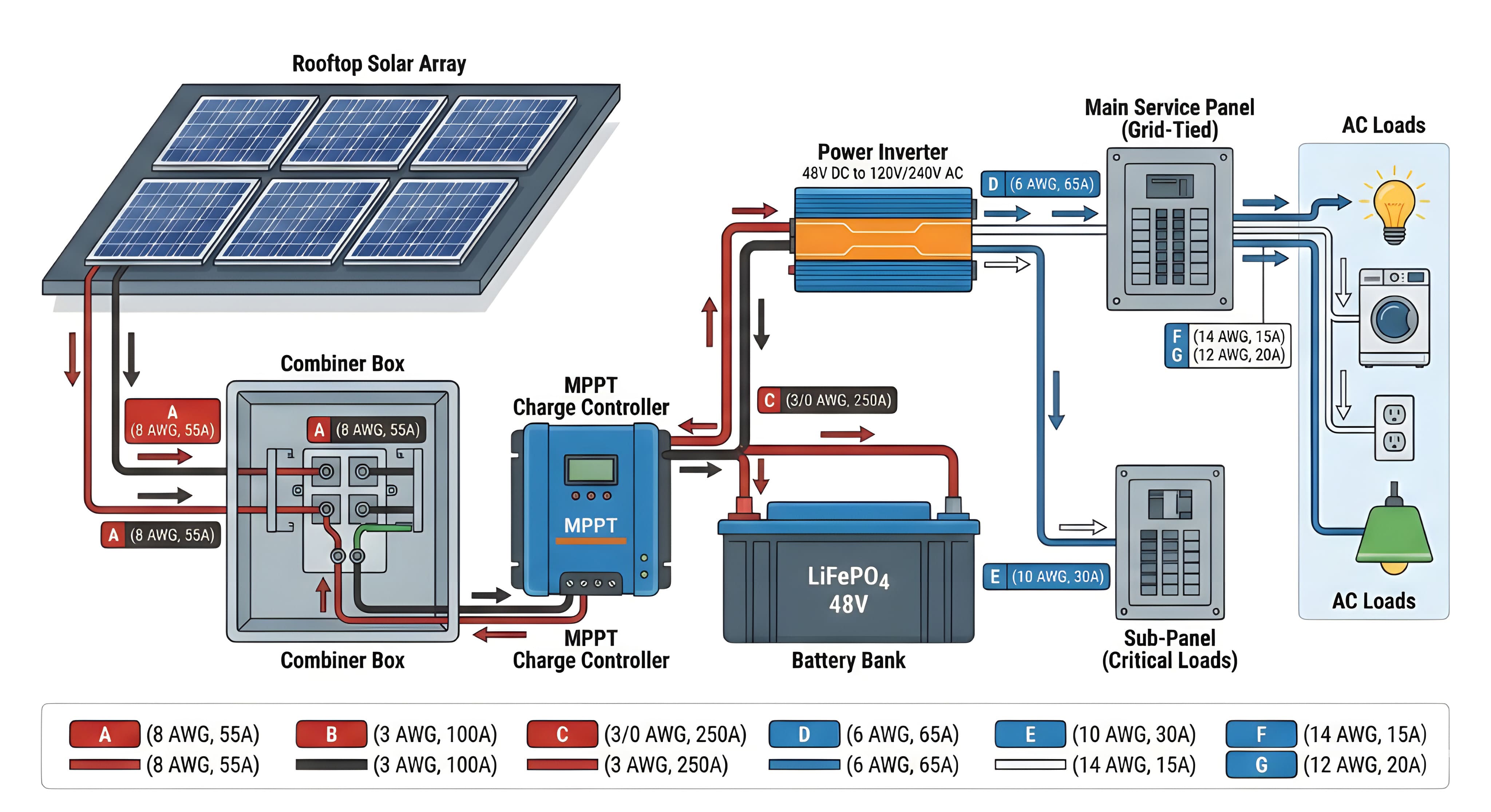 Solar diagram shows battery backup system wiring