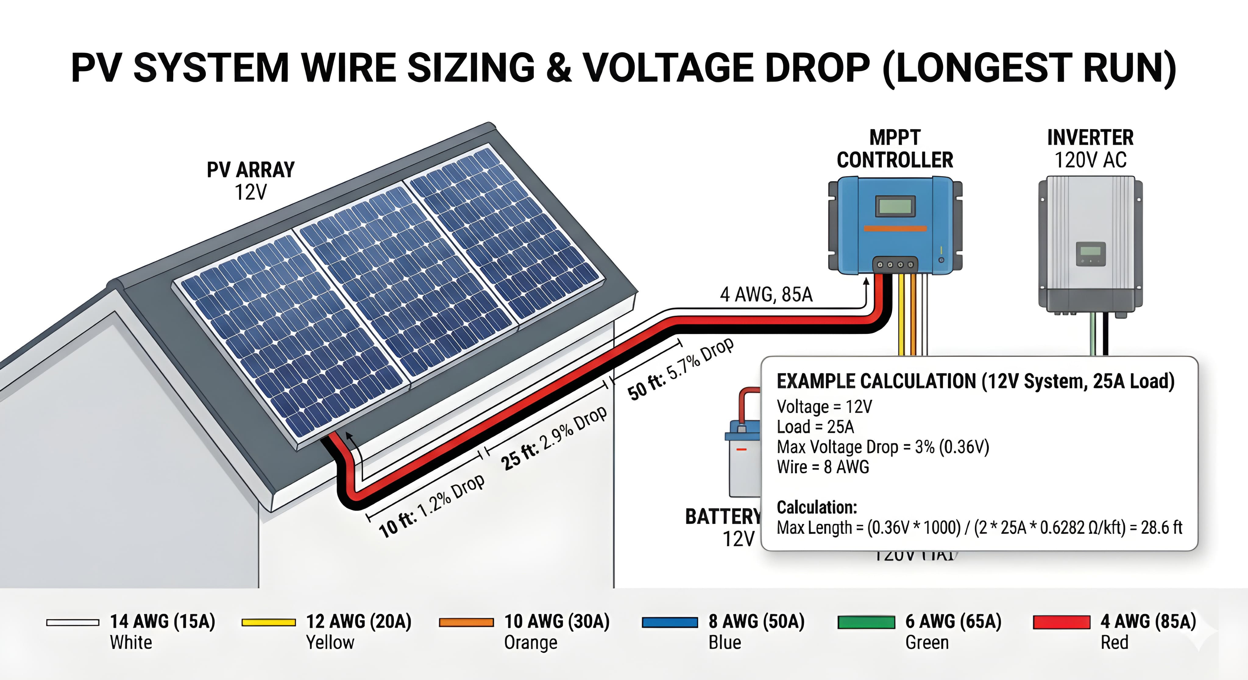PV wire sizing minimizes solar system voltage drop