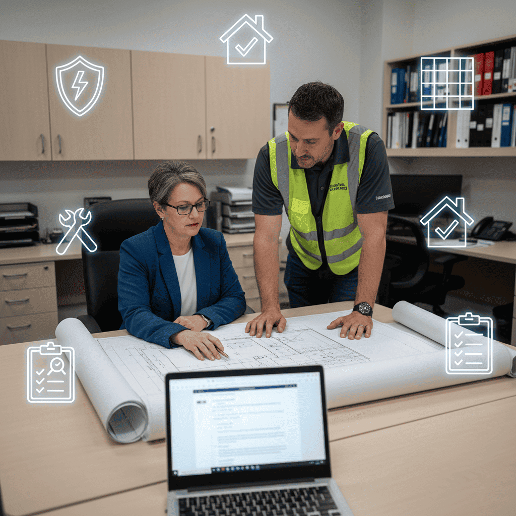  contractor checking on plan with AHJ