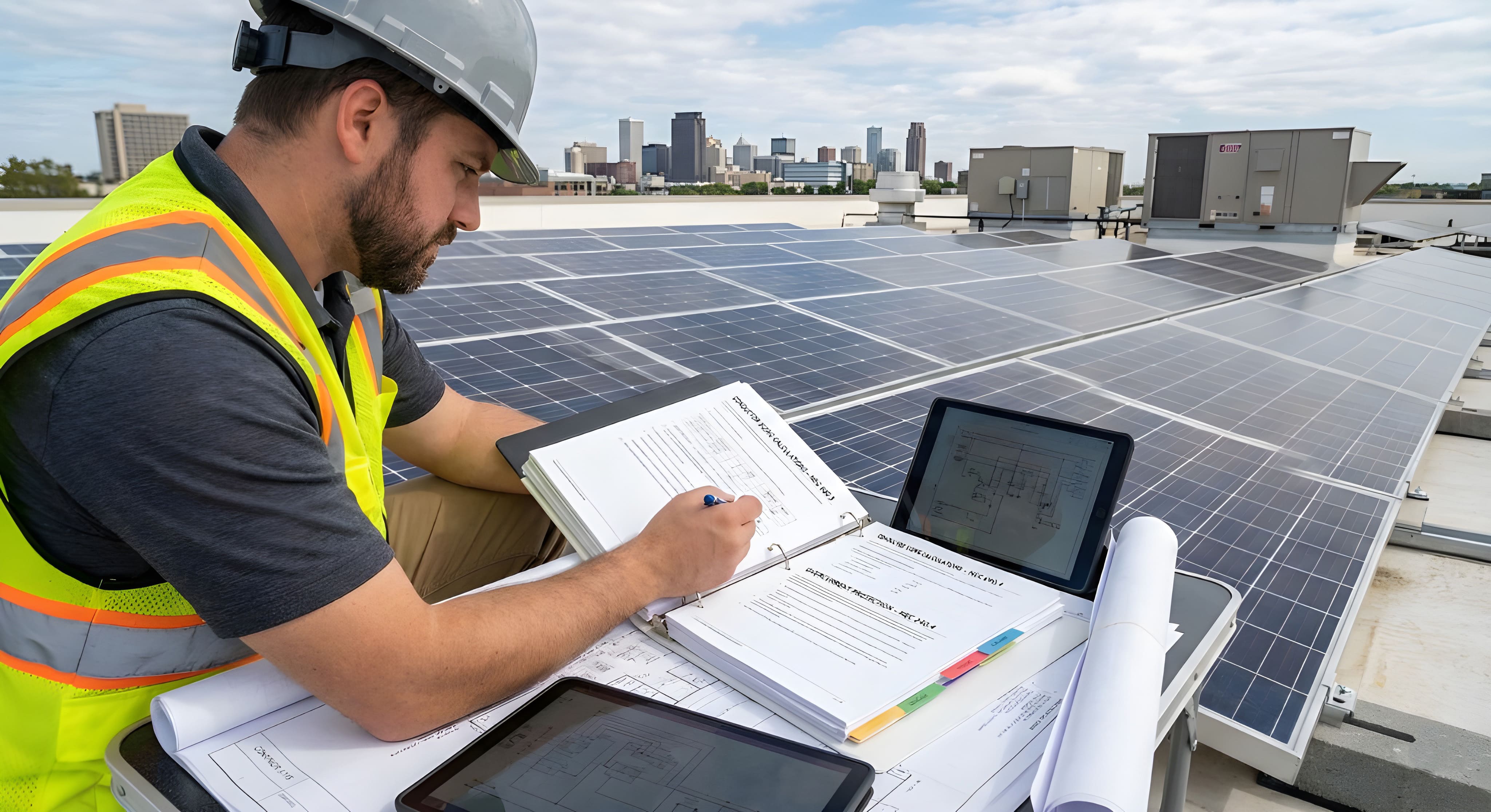 Engineer reviews solar project documentation on rooftop