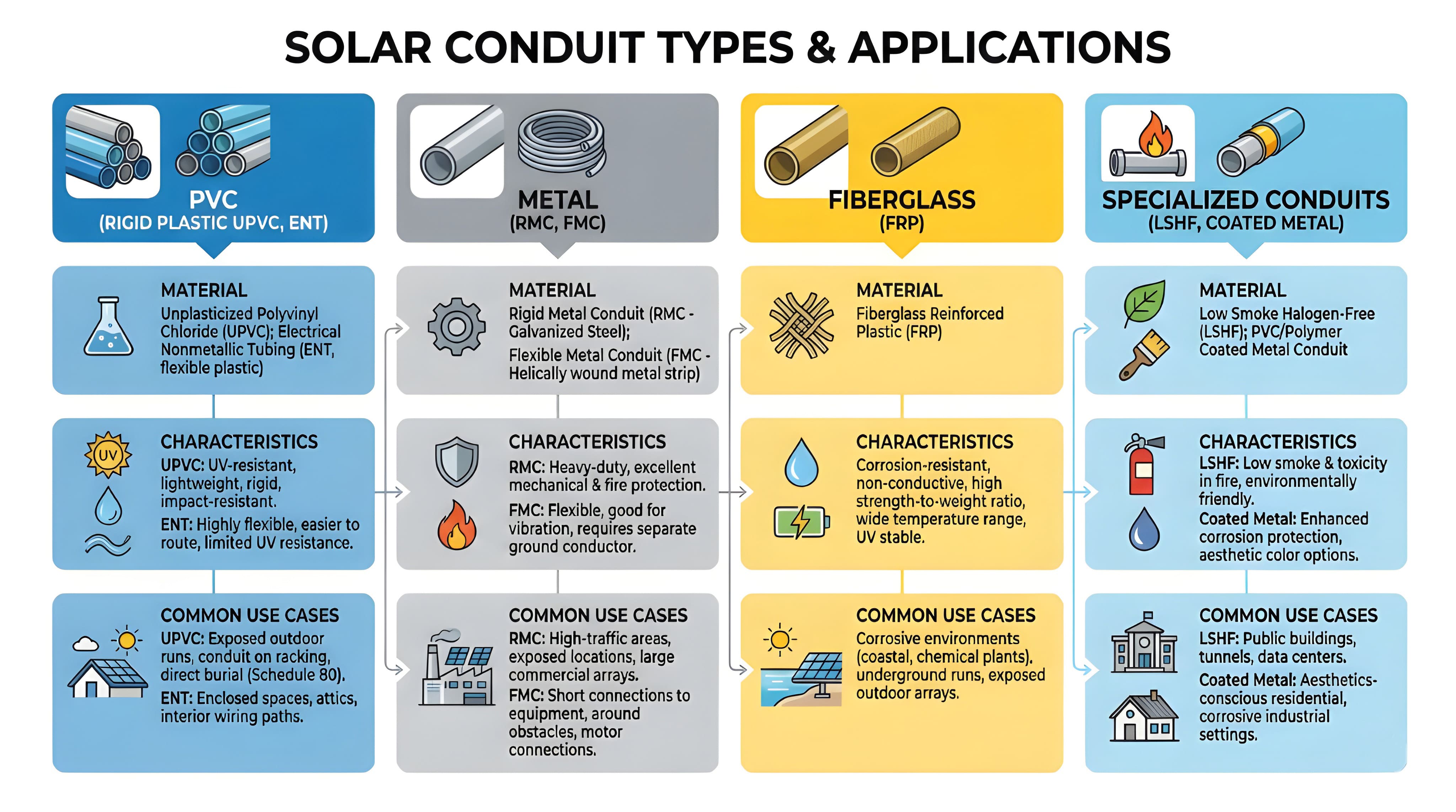 Chart shows four common solar conduit types and applications
