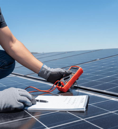 a person checking on solar panel using multimeter
