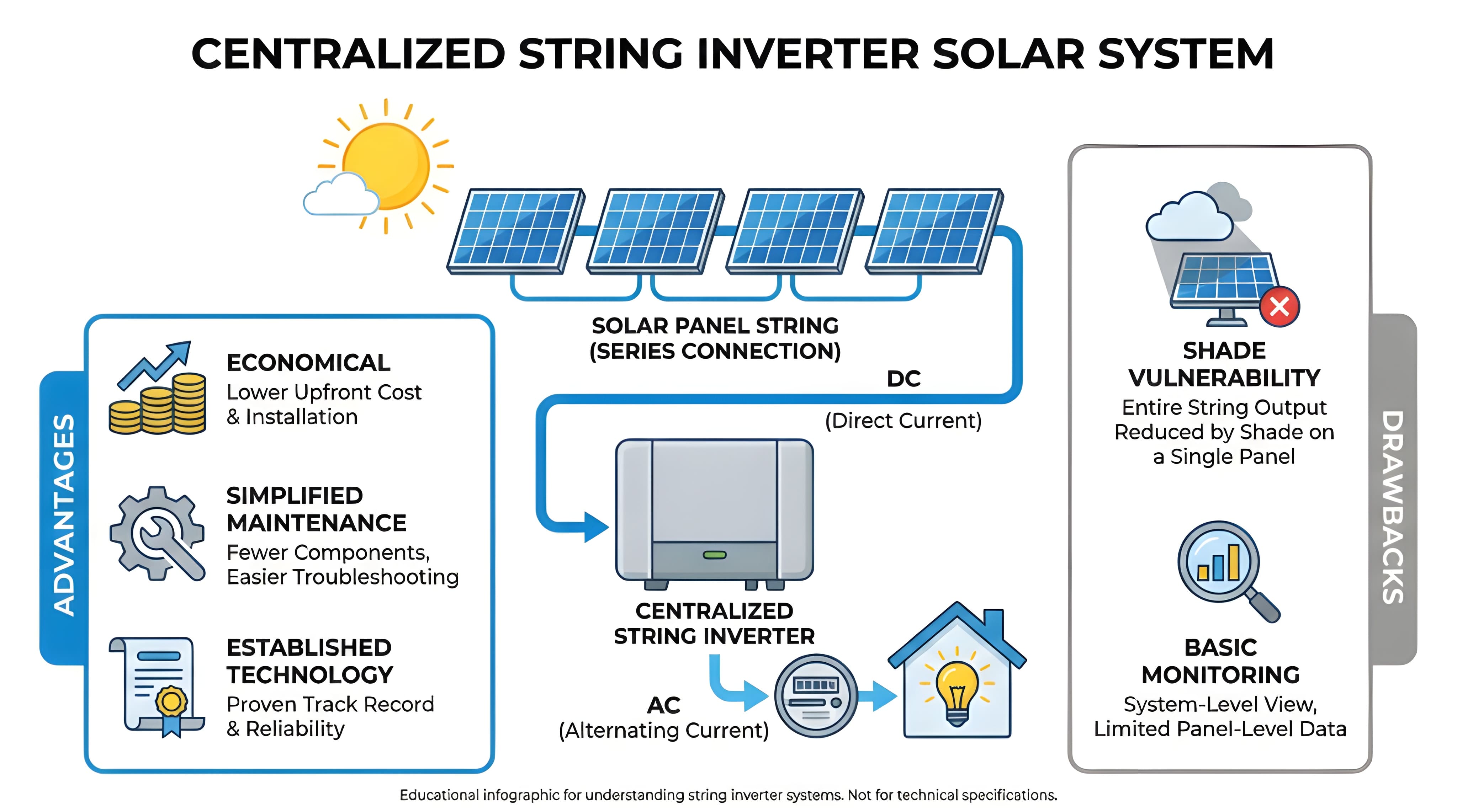 Centralized string inverter advantages and drawbacks shown