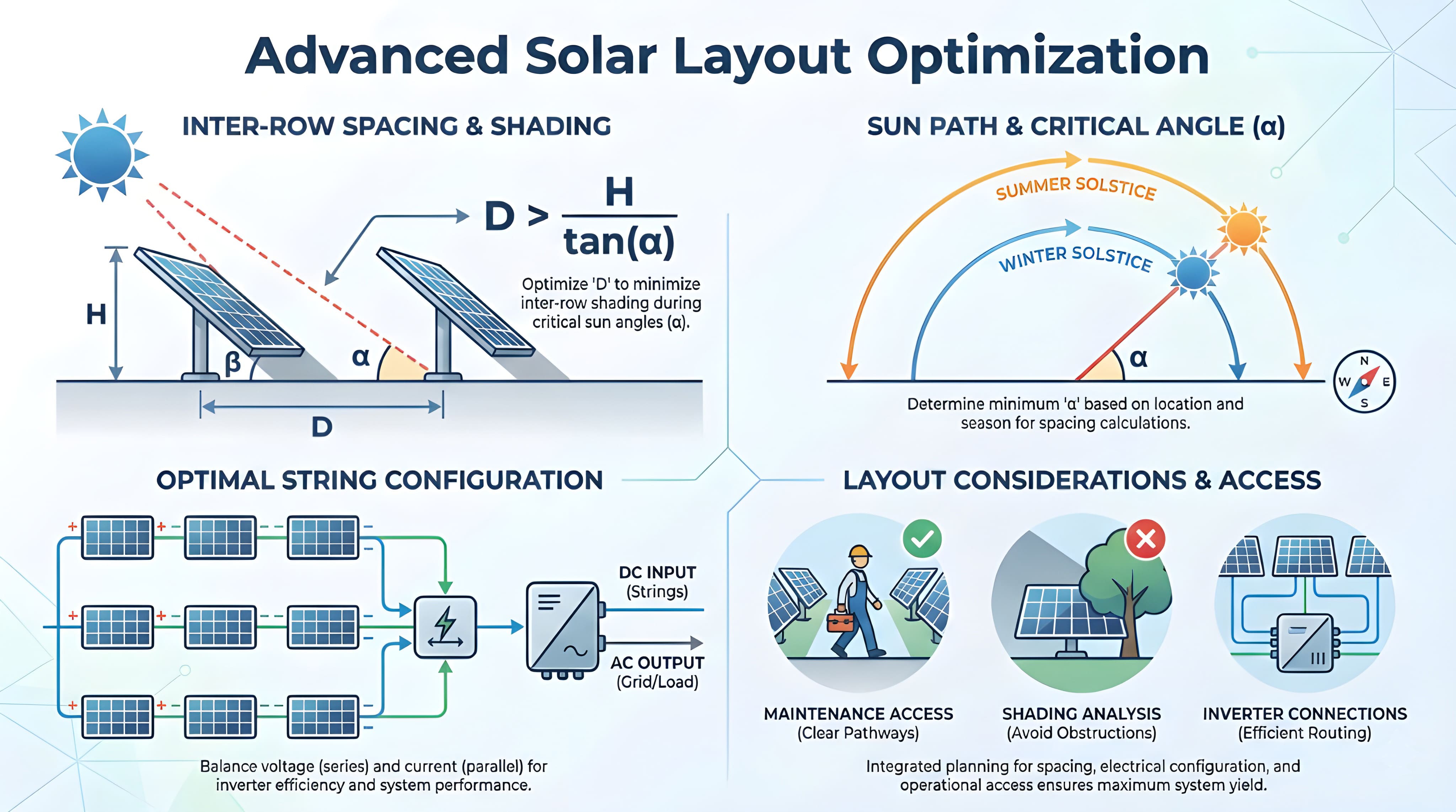 Advanced solar layout optimization for maximum system yield