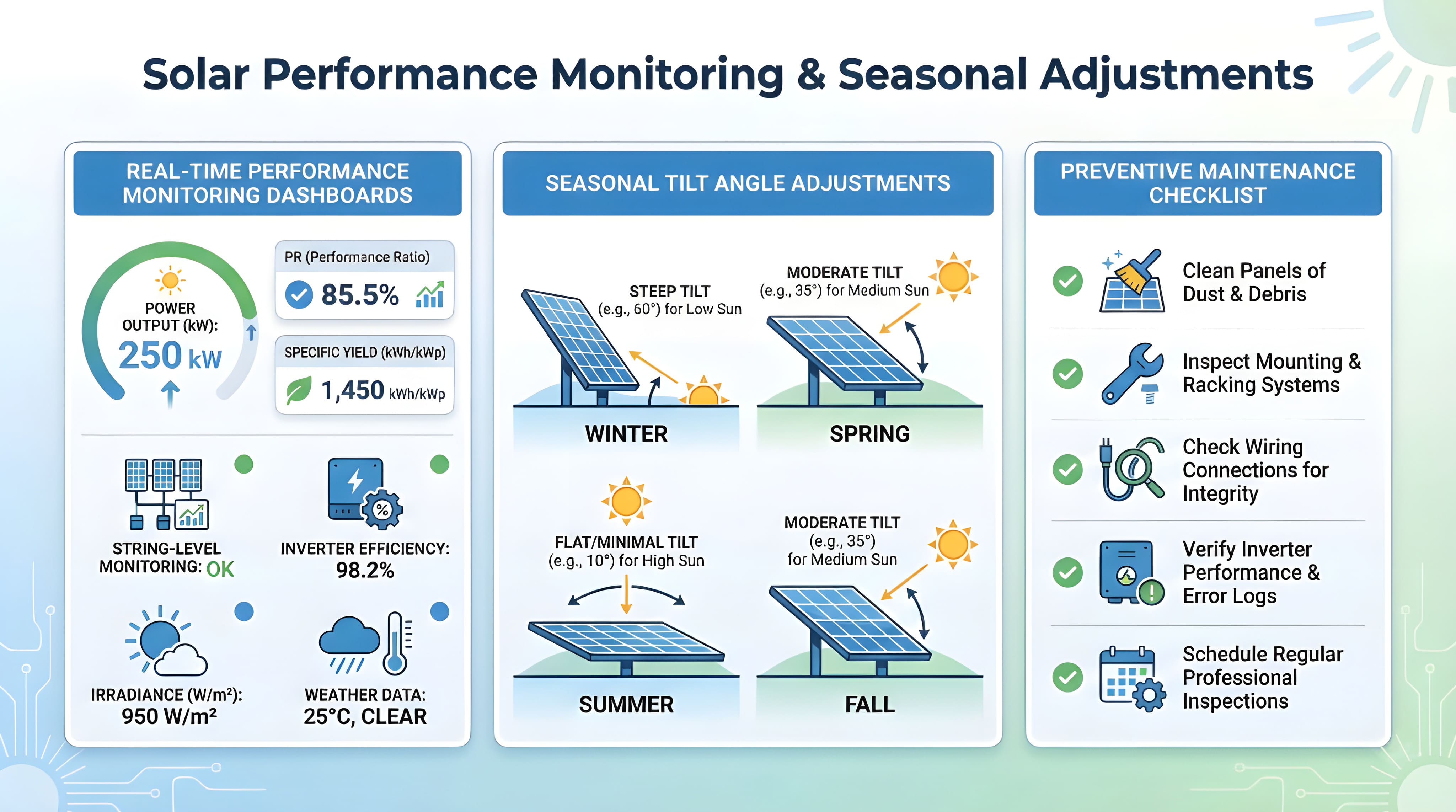 Solar performance monitoring and seasonal tilt adjustments