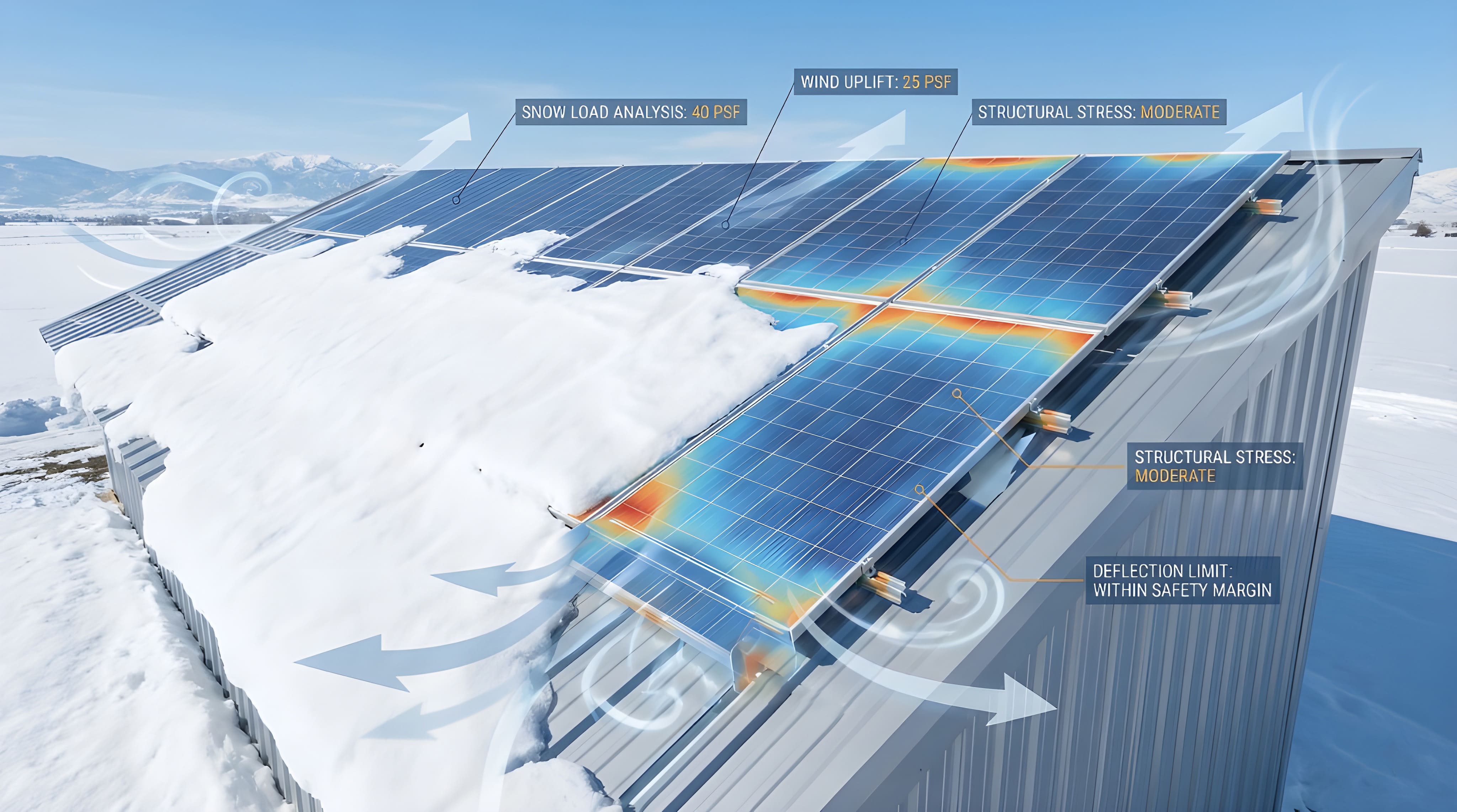 Solar snow and wind load analysis is shown