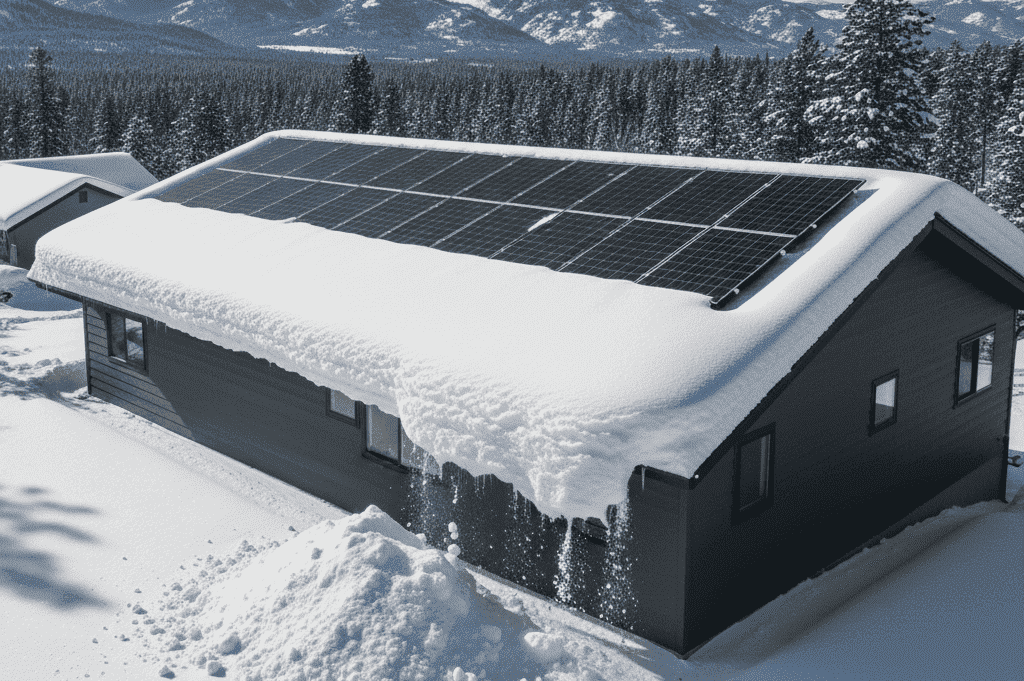 house and solar arrays covered with snow