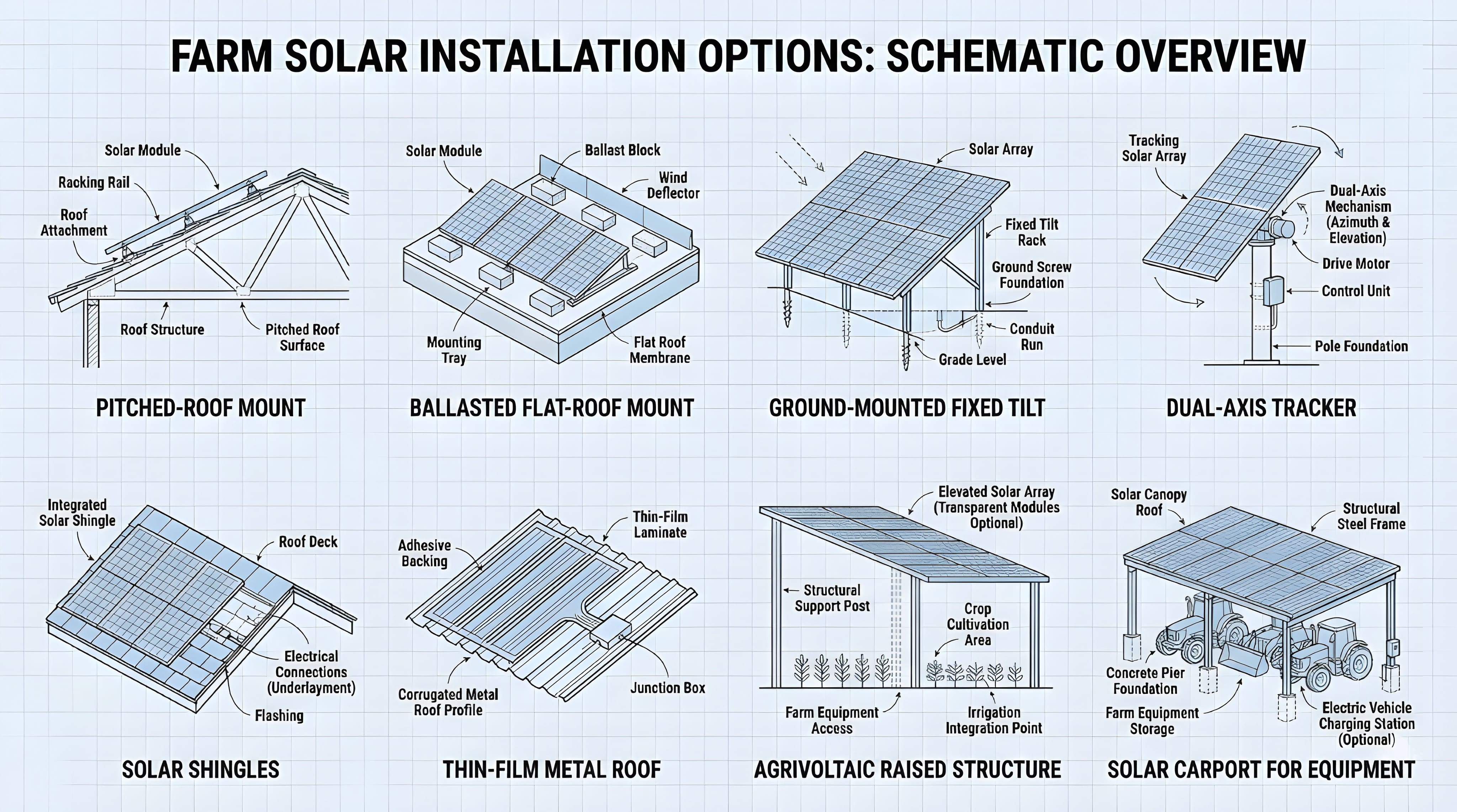 Schematic overview of farm solar installation options