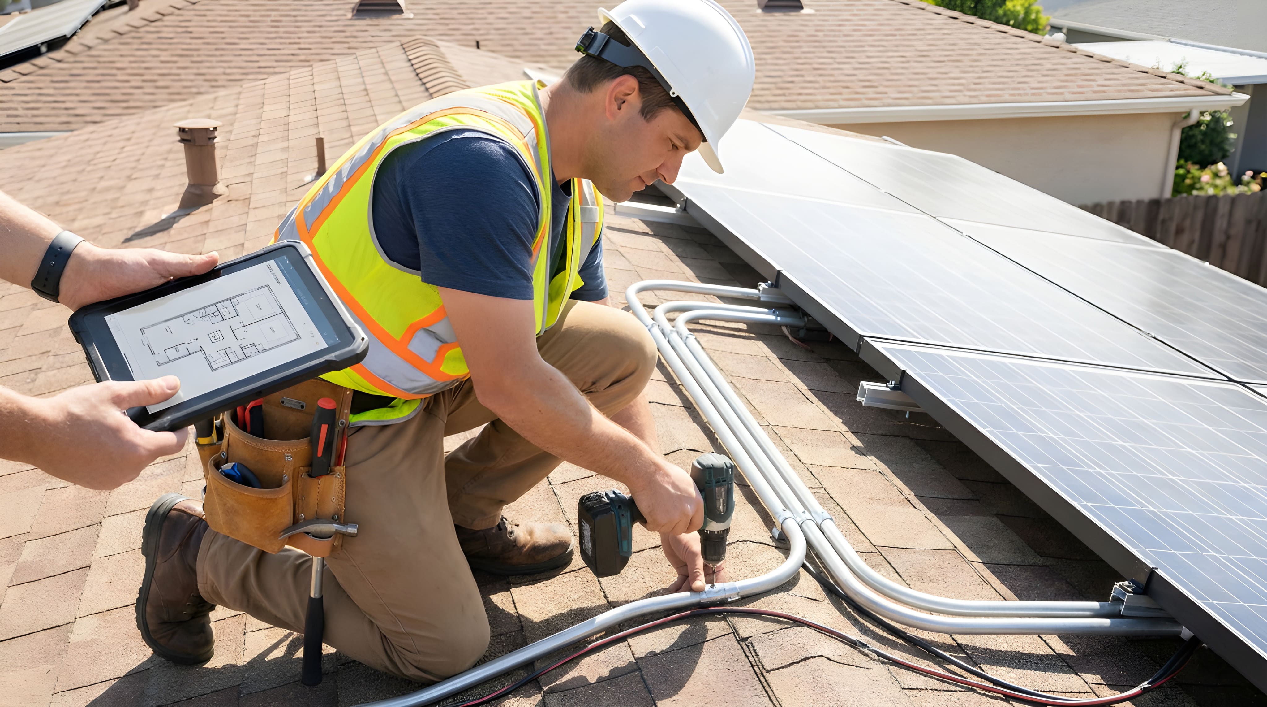 Installer secures conduit based on solar blueprints