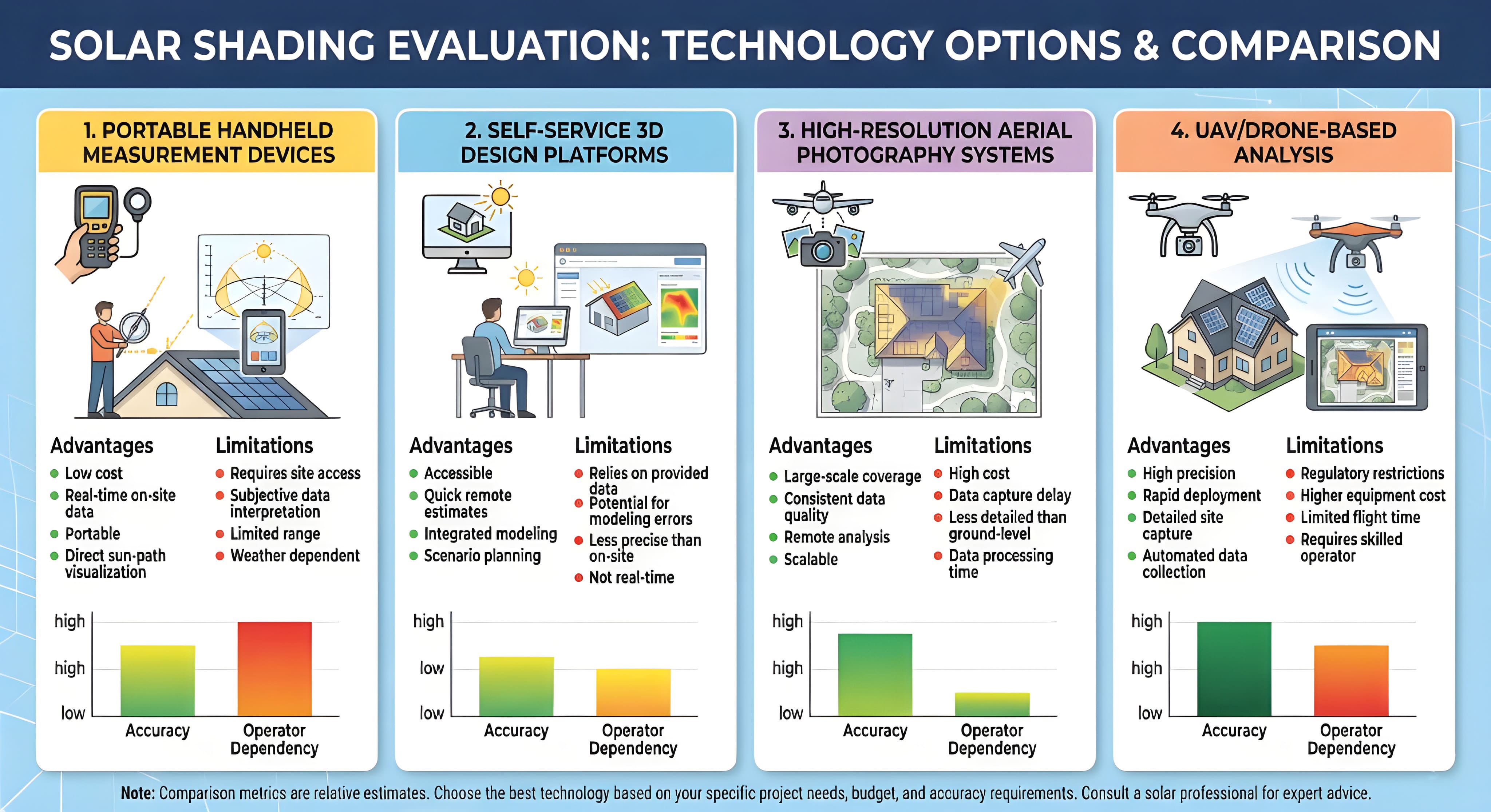 Four solar shading evaluation technology options compared