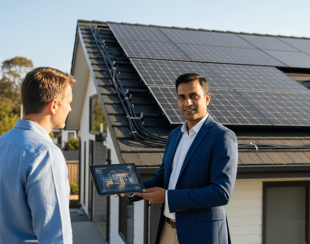 Certified solar professional using design software to explain optimized solar panel placement to a homeowner.