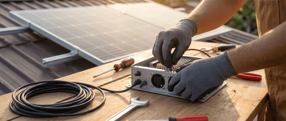 a solar installer doing the wiring installation of solar panel