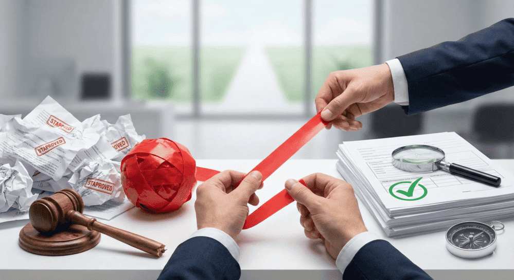 solar expert holding red tape representing permit issues , on the side are pile of approved solar permit