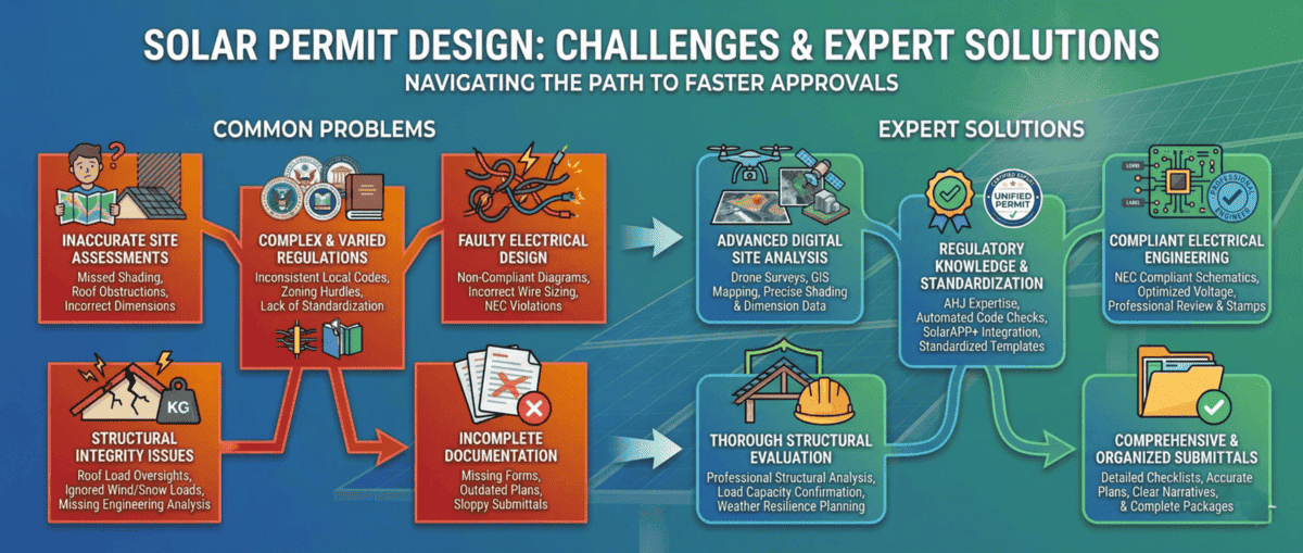 infographic image abour solar permit design challenges and expert solution
