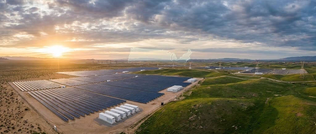 Utility-scale solar power plant with grid-scale battery storage and wind energy integration