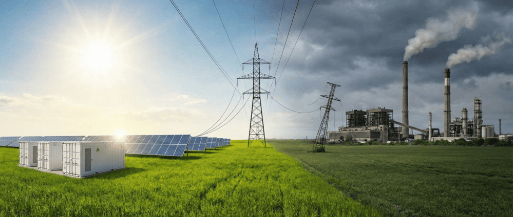 Clean energy solar panels with battery storage contrasted with fossil fuel power plant under power transmission lines