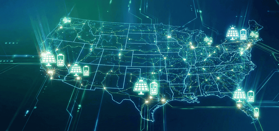 Interactive map displaying solar panels and battery storage systems connected across US energy grid