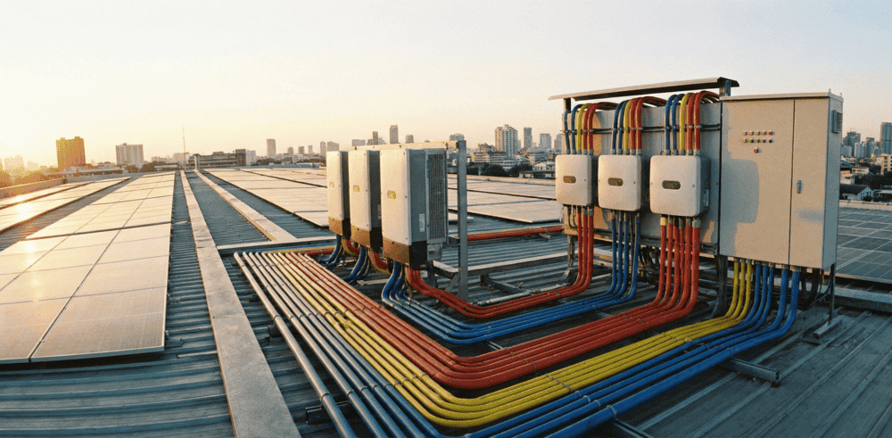 Commercial rooftop solar panel installation with three-phase inverters and color-coded electrical conduit on urban building at sunrise