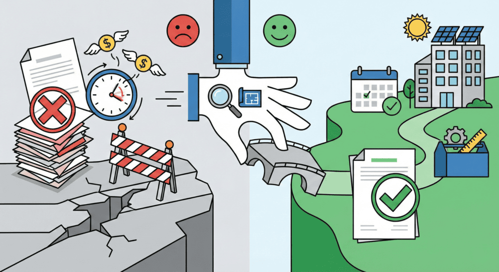 Split illustration comparing rejected solar permit with delays and costs versus approved permit leading to successful solar panel installation on building