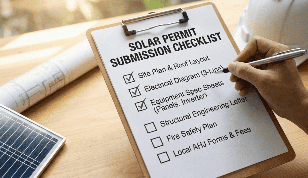 Complete solar permit submission checklist showing required documentation and design elements