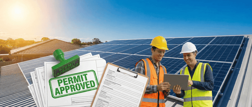 Happy solar installation technicians in hard hats and high-visibility vests holding tablet and approved permit documents on residential roof with large photovoltaic solar panel system at sunrise