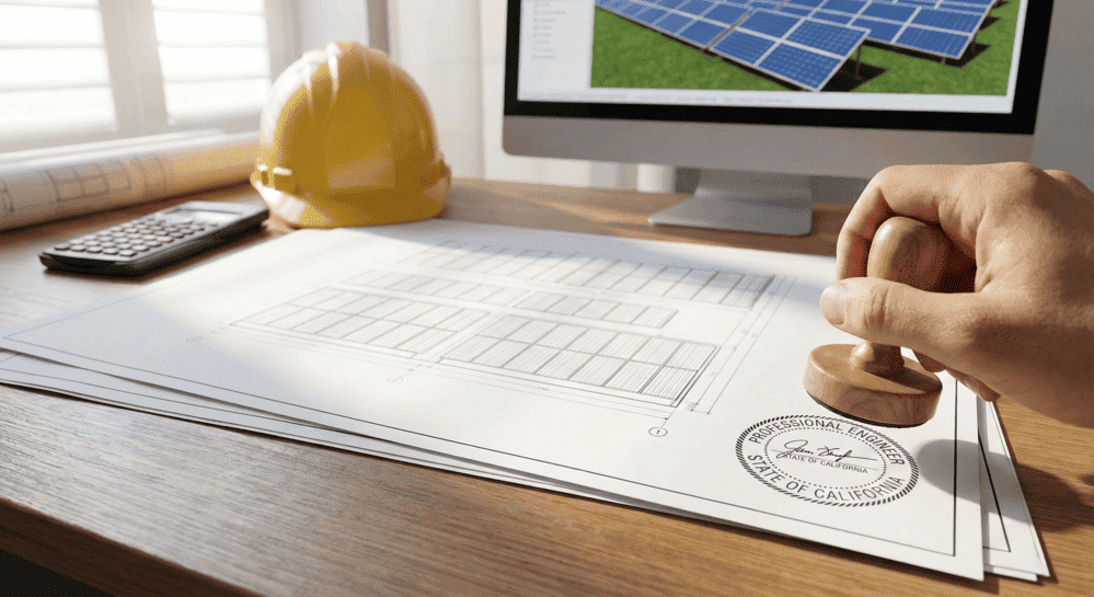Hand holding wooden stamp  finished stamping Professional Engineer seal to solar panel installation blueprints on wooden desk.