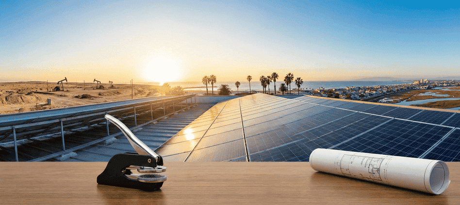 Panoramic view of commercial solar panel installation at sunset with Professional Engineer stamp and rolled blueprints in foreground on wooden desk.