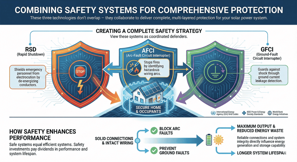 Infographic showing how solar safety systems work together, combining rapid shutdown (RSD), AFCI arc-fault protection, and GFCI ground-fault protection to provide multi-layered safety, improved performance, and longer solar system lifespan.