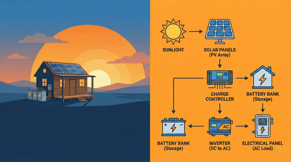 Off-grid solar power system diagram showing sunlight to solar panels, charge controller, battery bank storage, inverter, and electrical panel for home energy