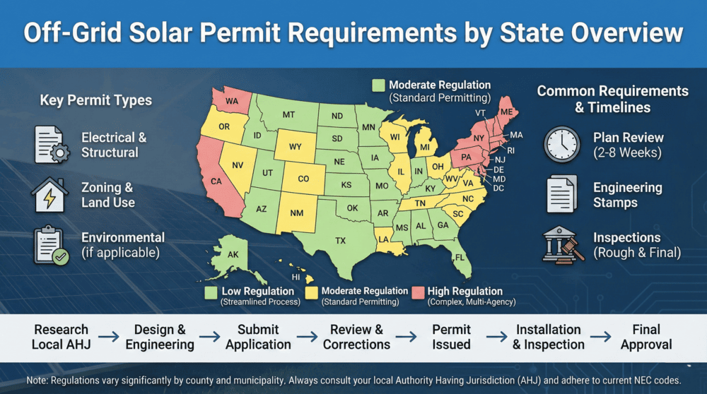 Off-grid solar permit requirements by state map showing regulation levels, permit types including electrical structural zoning environmental, and approval process timeline from application to final inspection