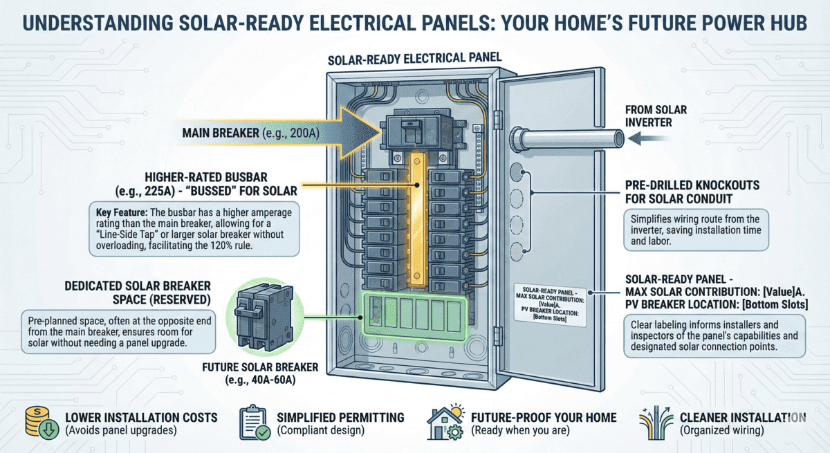 Solar-ready electrical panel diagram showing wiring and components
