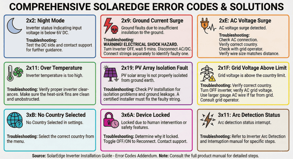 Comprehensive SolarEdge error codes chart with troubleshooting solutions
