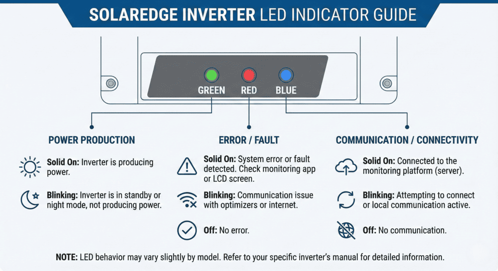 olarEdge inverter LED indicator guide showing green, red, and blue lights