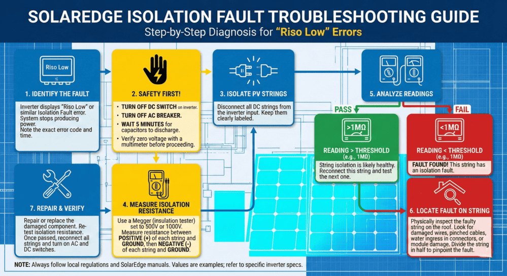 SolarEdge isolation fault troubleshooting guide for Riso Low error diagnosis