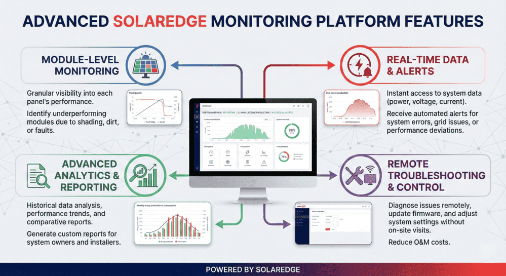 Infographic showing SolarEdge monitoring features: module-level monitoring, real-time alerts, analytics, and remote troubleshooting