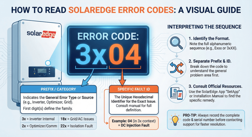 Visual guide showing how to read SolarEdge inverter error codes