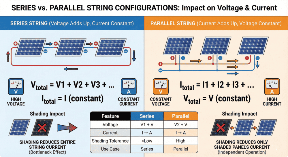 Series vs parallel solar panel wiring diagram showing voltage and current differences, shading impact, and configuration comparison table