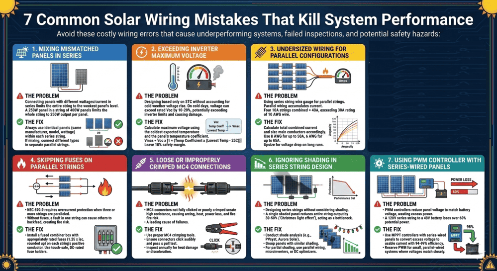 Seven common solar wiring mistakes infographic showing problems and fixes for panel mismatching, inverter voltage, undersized wiring, fuses, MC4 connections, shading, and PWM controllers